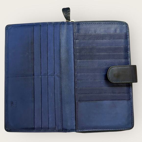 Mou Meraki RFID Leather Bifold Zippered Wallet Passport Creditcards Navy 8"X4.5" - Picture 3 of 12